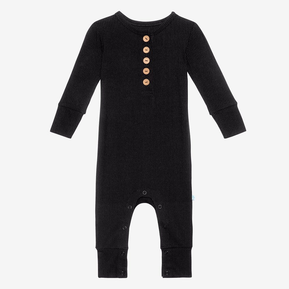 Black Ribbed Long Sleeve Henley Romper