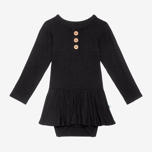 Black Ribbed Long Sleeve Henley Twirl Skirt Bodysuit
