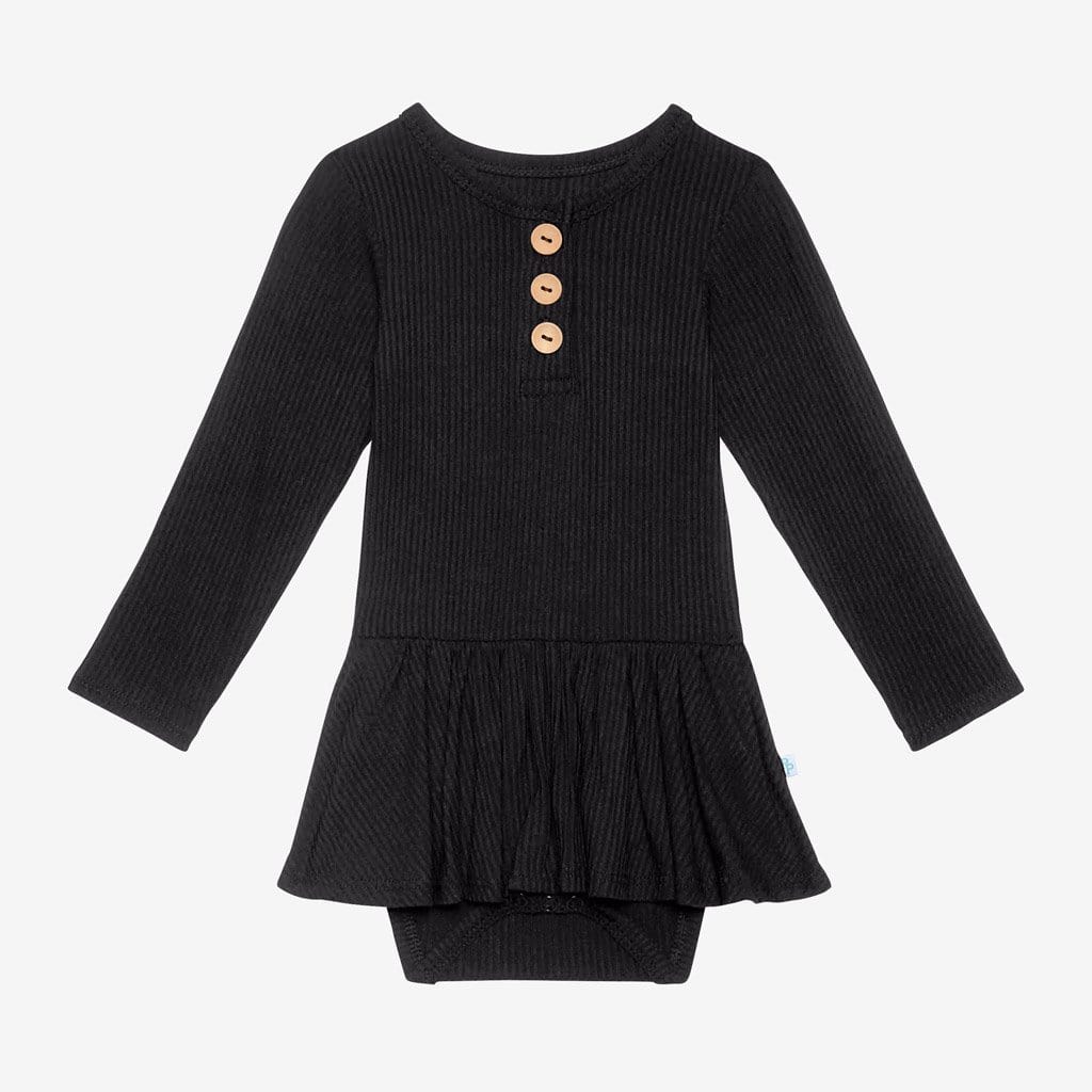 Black Ribbed Long Sleeve Henley Twirl Skirt Bodysuit