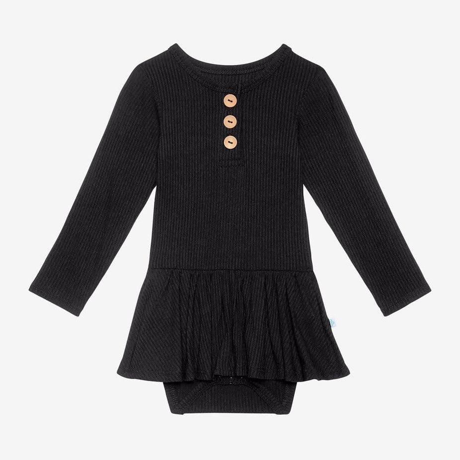 Black Ribbed Long Sleeve Henley Twirl Skirt Bodysuit