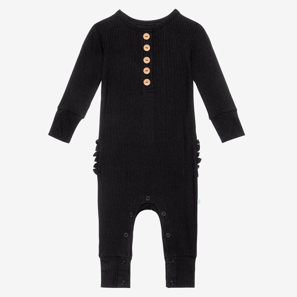 Black Ribbed Long Sleeve Ruffled Henley Romper
