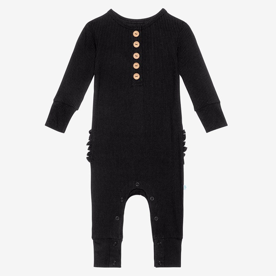 Black Ribbed Long Sleeve Ruffled Henley Romper