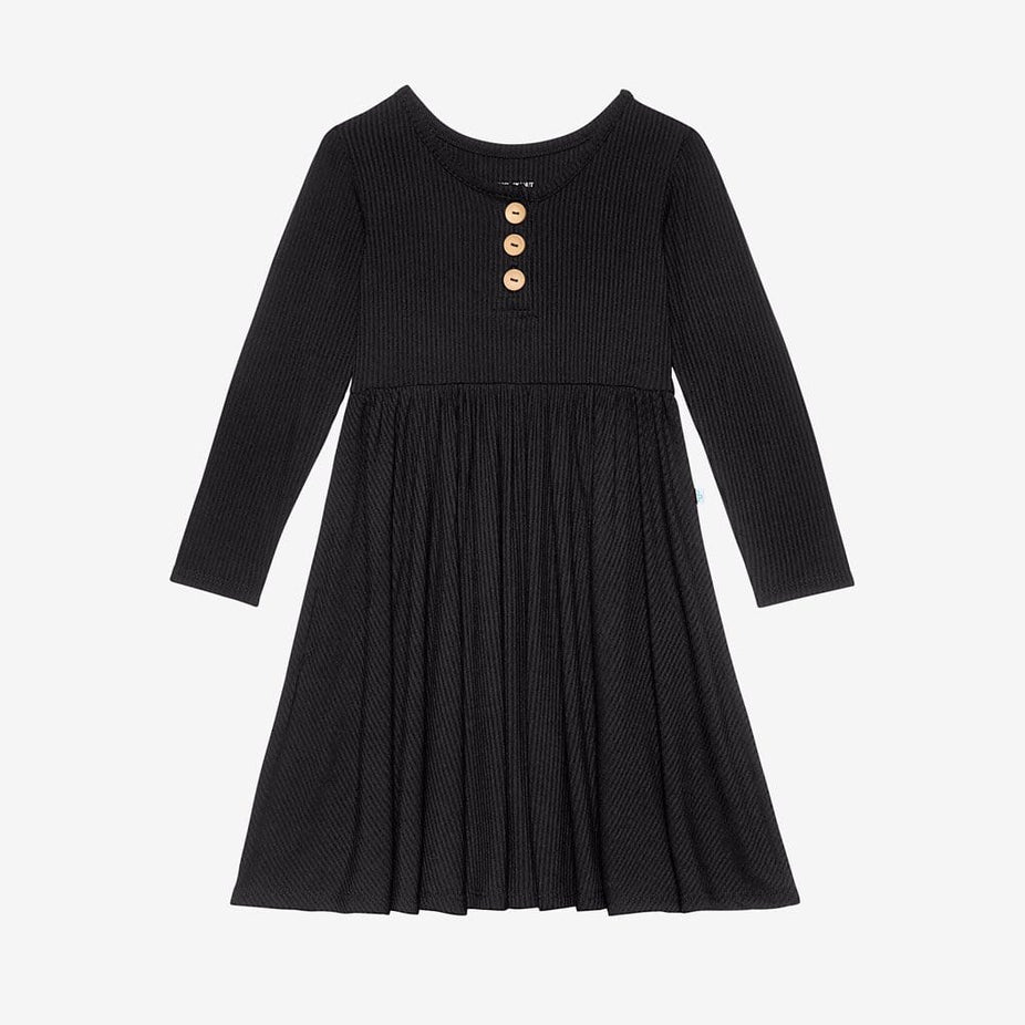 Black Ribbed Long Sleeve Twirl Dress