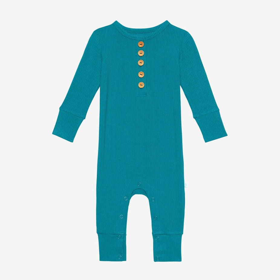 Cerulean ribbed long sleeve henley romper