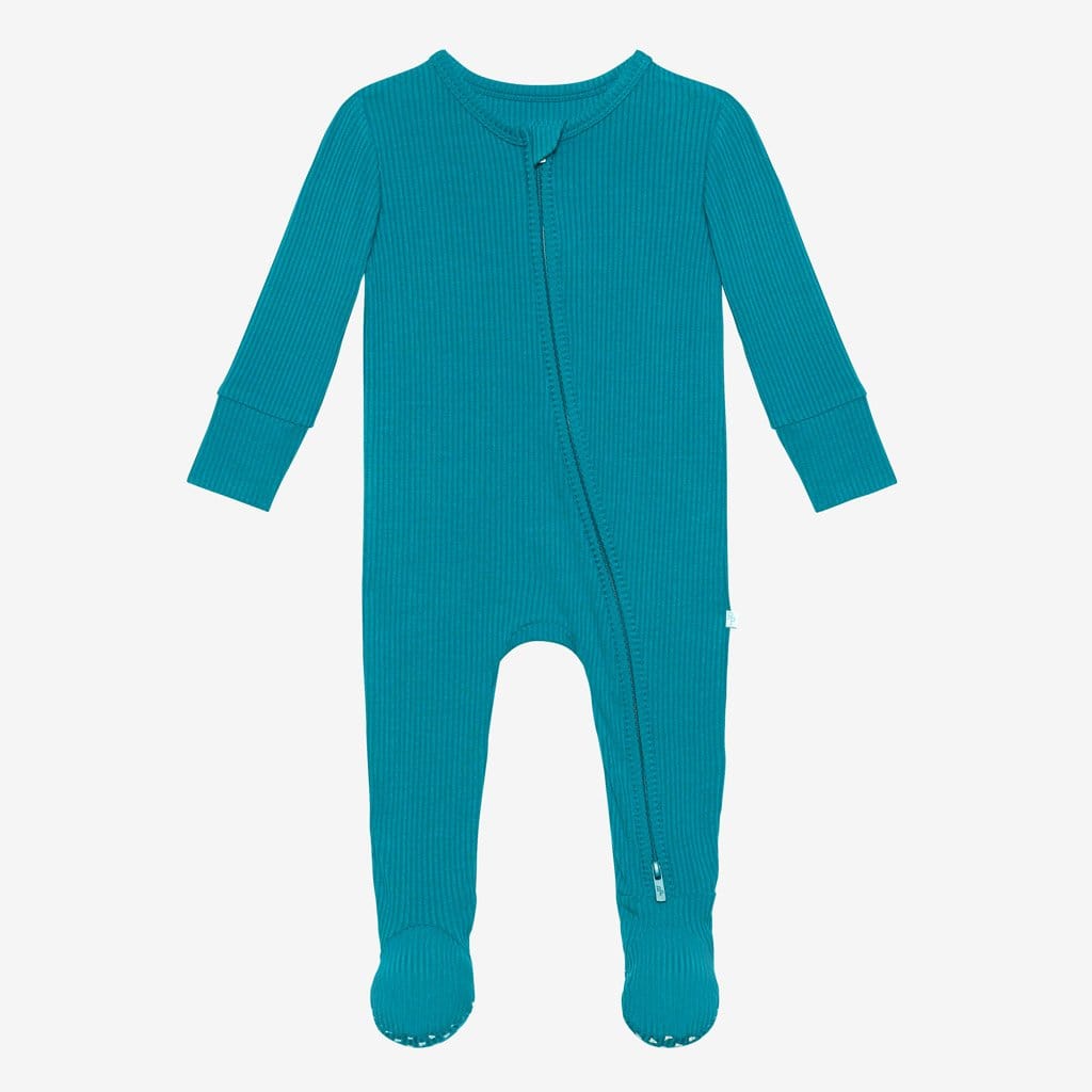 Cerulean ribbed footie zippered one piece