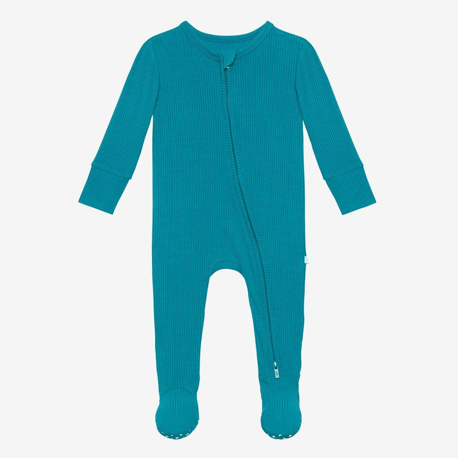 Cerulean ribbed footie zippered one piece