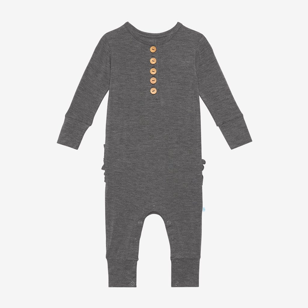 Charcoal Heather Long Sleeve Ruffled Henley Romper