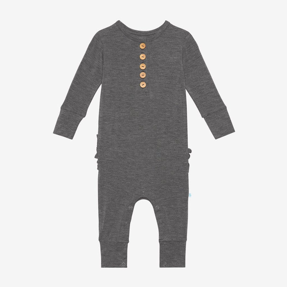 Charcoal Heather Long Sleeve Ruffled Henley Romper