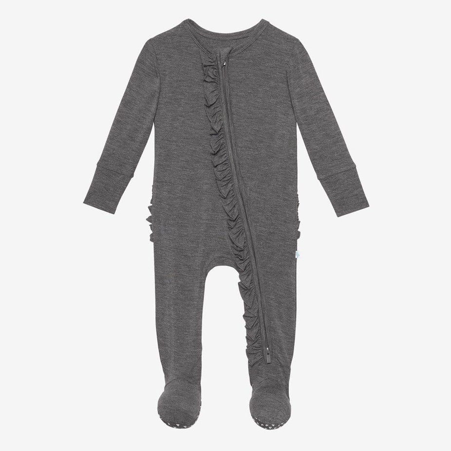 Charcoal Heather Footie Ruffled Zippered One Piece