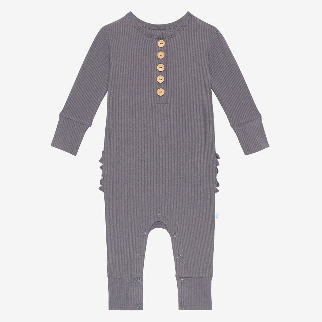 Charcoal Ribbed Long Sleeve Ruffled Henley Romper
