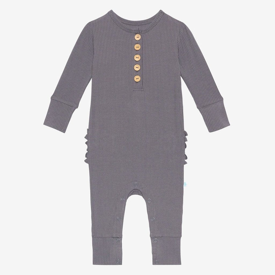 Charcoal Ribbed Long Sleeve Ruffled Henley Romper