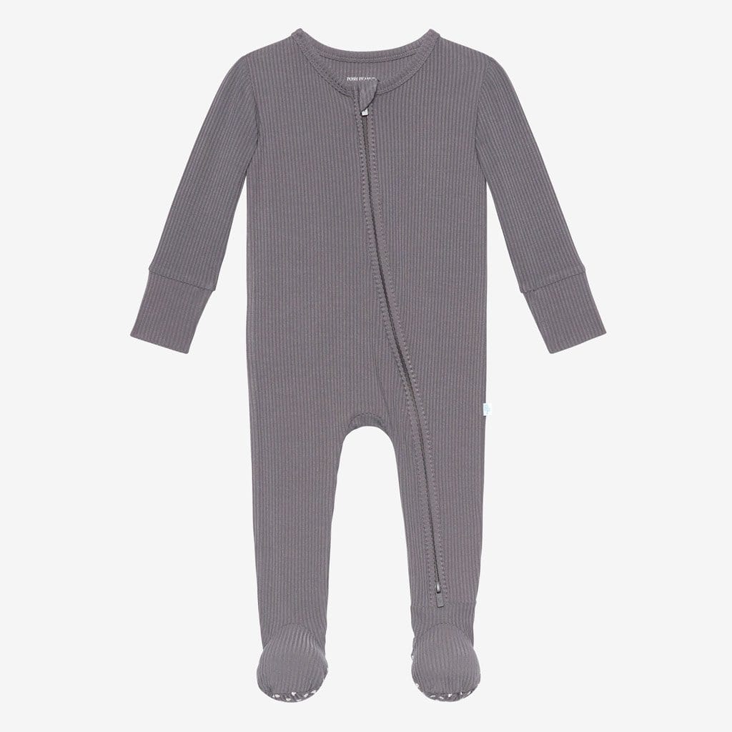 Charcoal Ribbed Footie Zippered One Piece