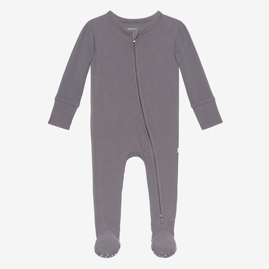 Charcoal Ribbed Footie Zippered One Piece