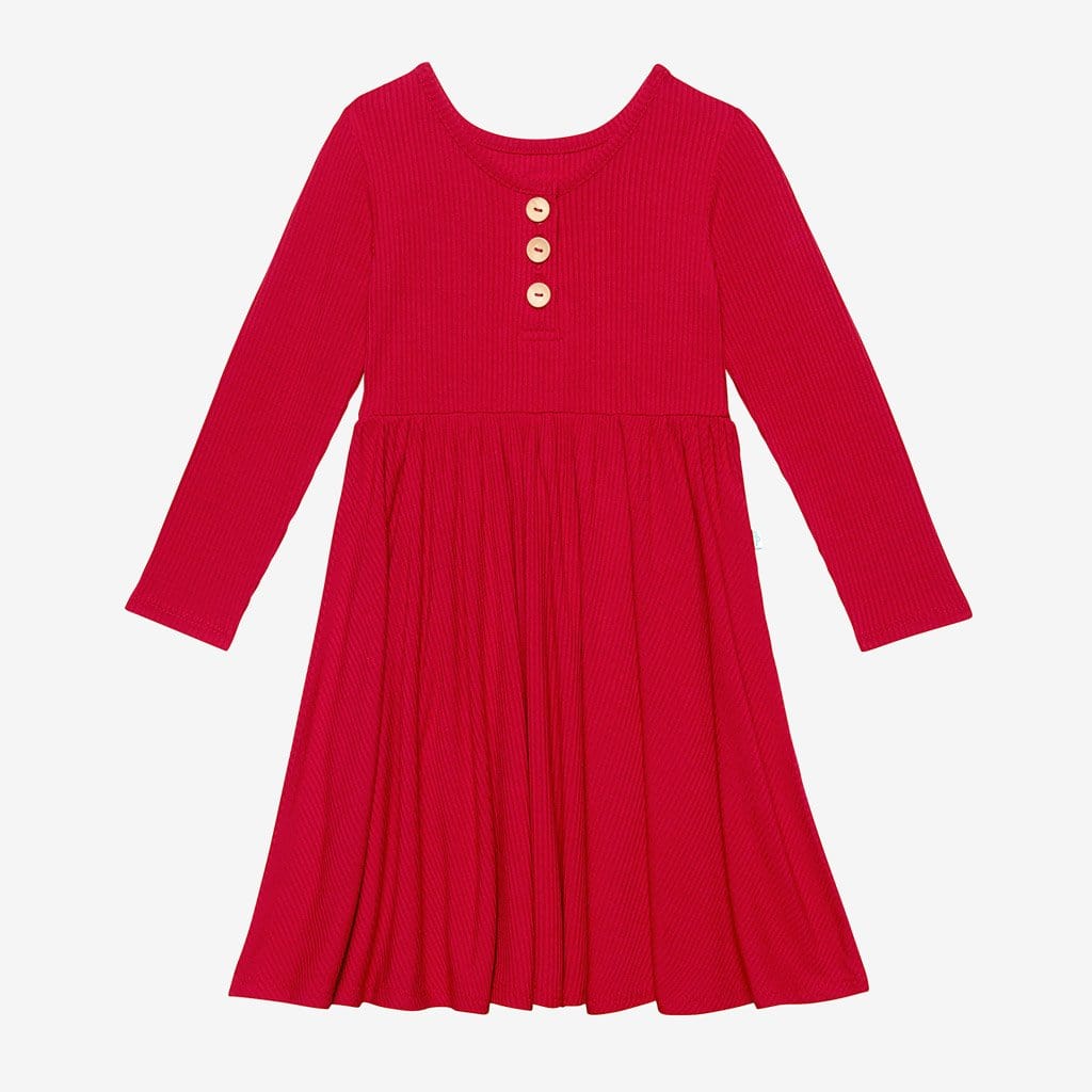 Crimson Ribbed Long Sleeve Henley Twirl Dress