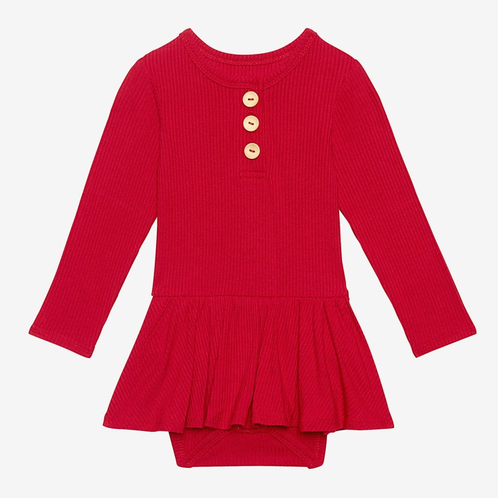 Crimson Ribbed Long Sleeve Henley Twirl Skirt Bodysuit