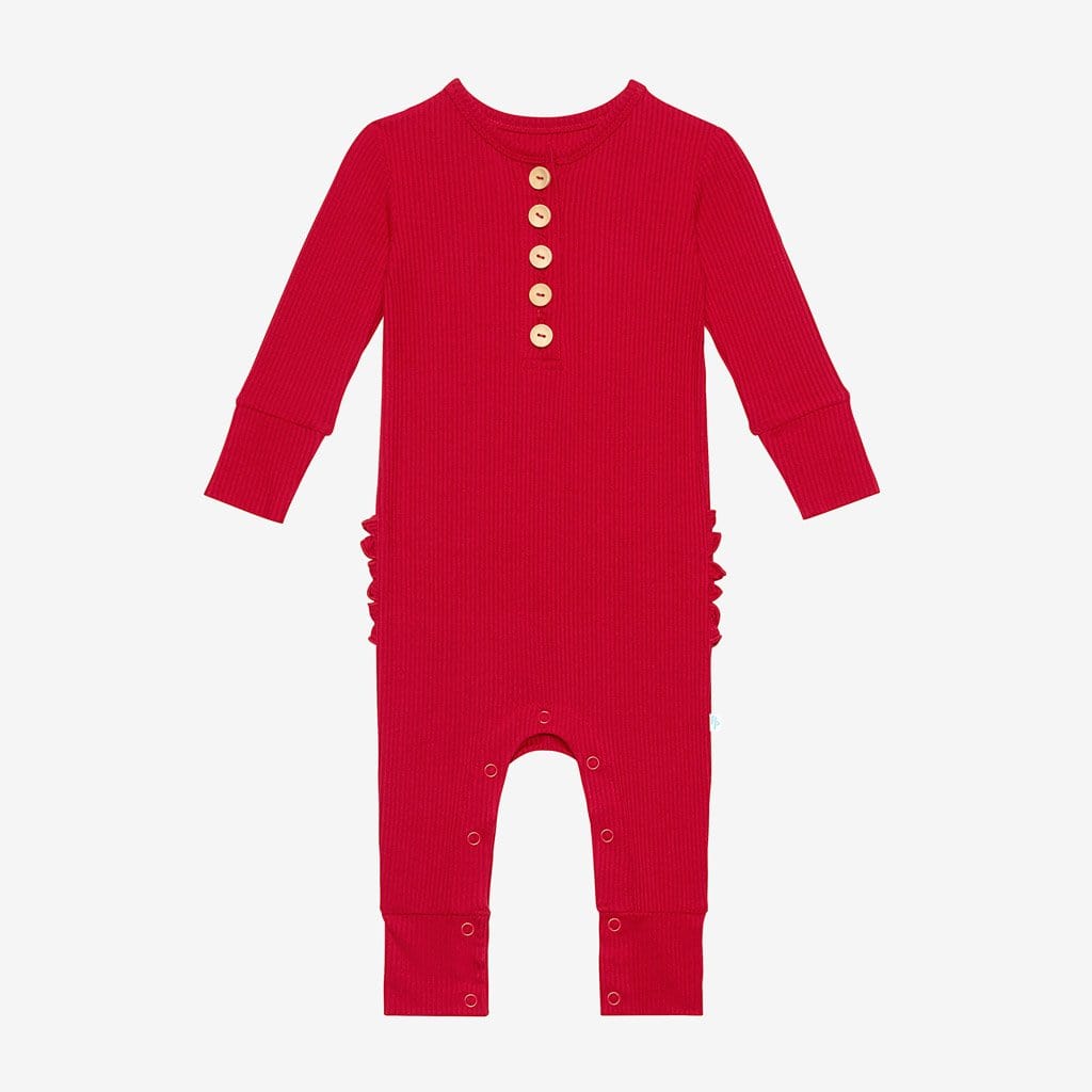Crimson Ribbed Long Sleeve Ruffled Henley Romper