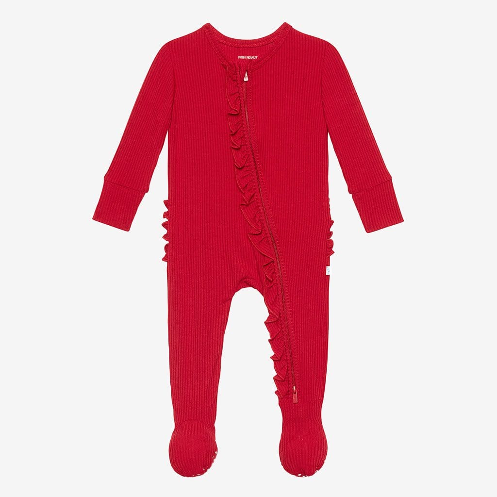 Crimson Ribbed Footie Ruffled Zippered One Piece