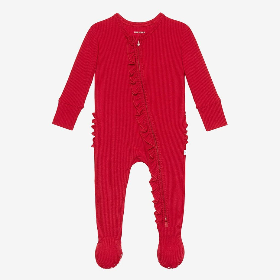 Crimson Ribbed Footie Ruffled Zippered One Piece