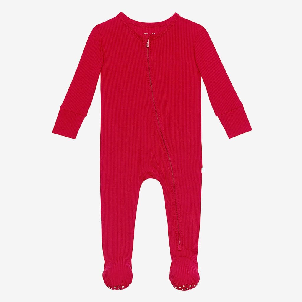 Crimson Ribbed Footie Zippered One Piece