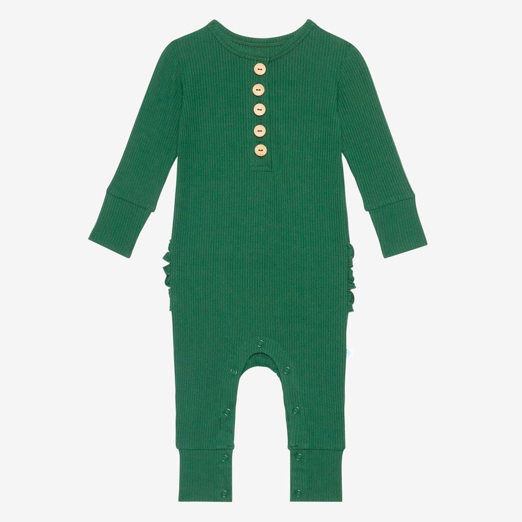 Juniper Green Ribbed Long Sleeve Ruffled Henley Romper