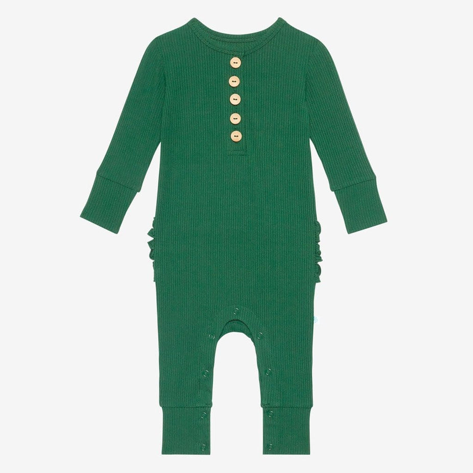 Juniper Green Ribbed Long Sleeve Ruffled Henley Romper