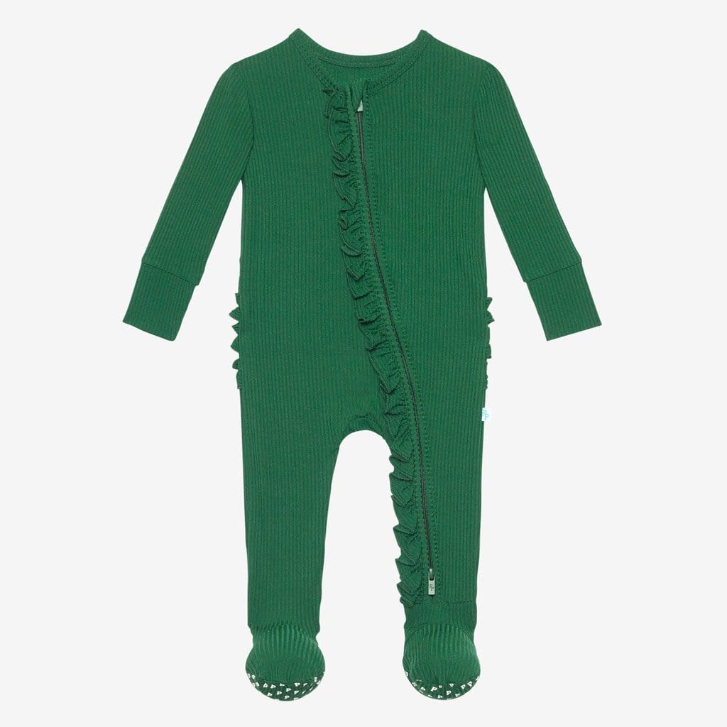 Juniper Green Ribbed Footie Ruffled Zippered One Piece
