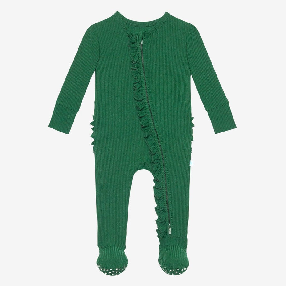 Juniper Green Ribbed Footie Ruffled Zippered One Piece