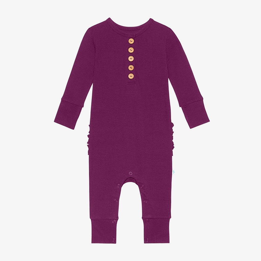 Orchid Ribbed Long Sleeve Ruffled Henley Romper