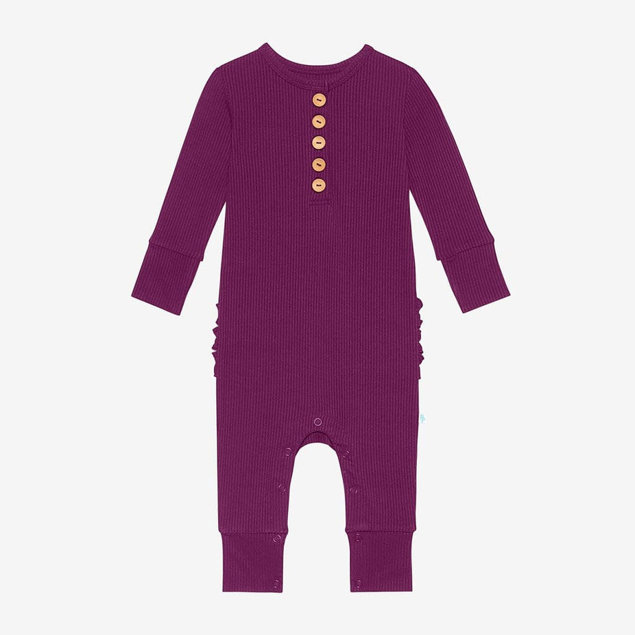 Orchid Ribbed Long Sleeve Ruffled Henley Romper