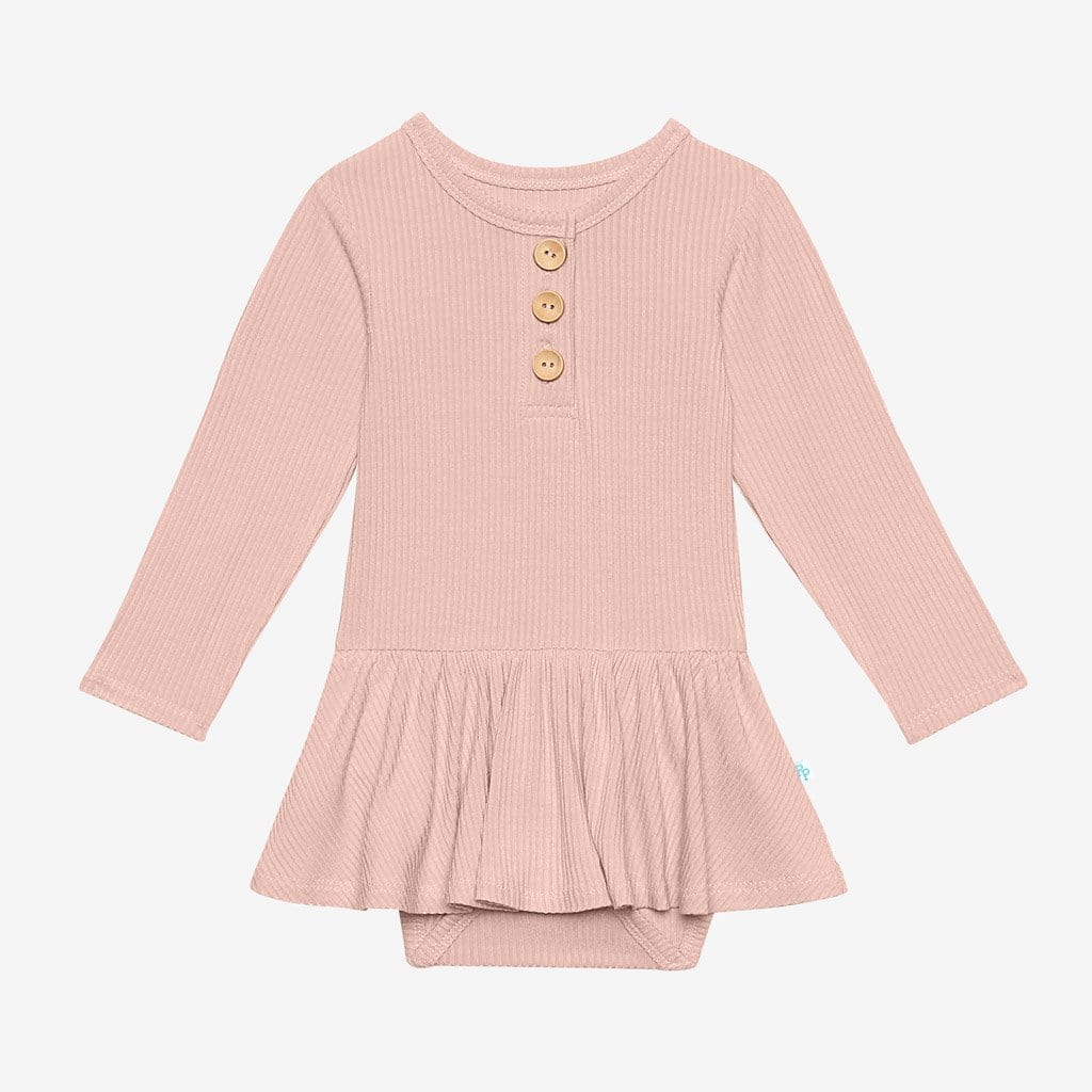 Sweet Pink Ribbed Long Sleeve Henley Twirl Skirt Bodysuit