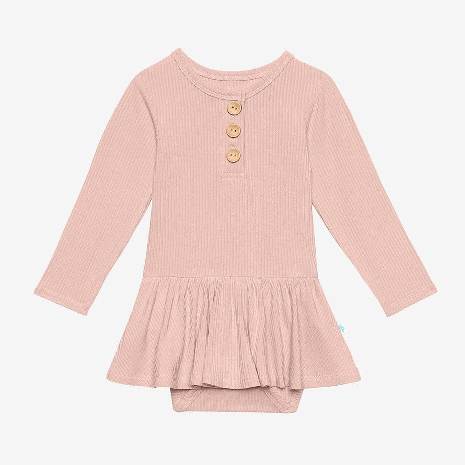 Sweet Pink Ribbed Long Sleeve Henley Twirl Skirt Bodysuit