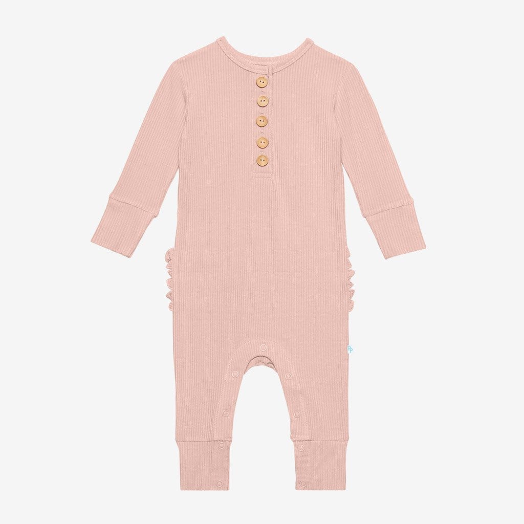 Sweet Pink Ribbed Long Sleeve Ruffled Henley Romper