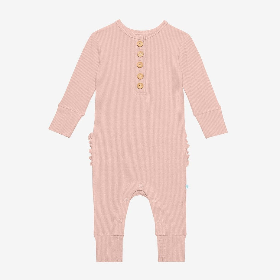 Sweet Pink Ribbed Long Sleeve Ruffled Henley Romper