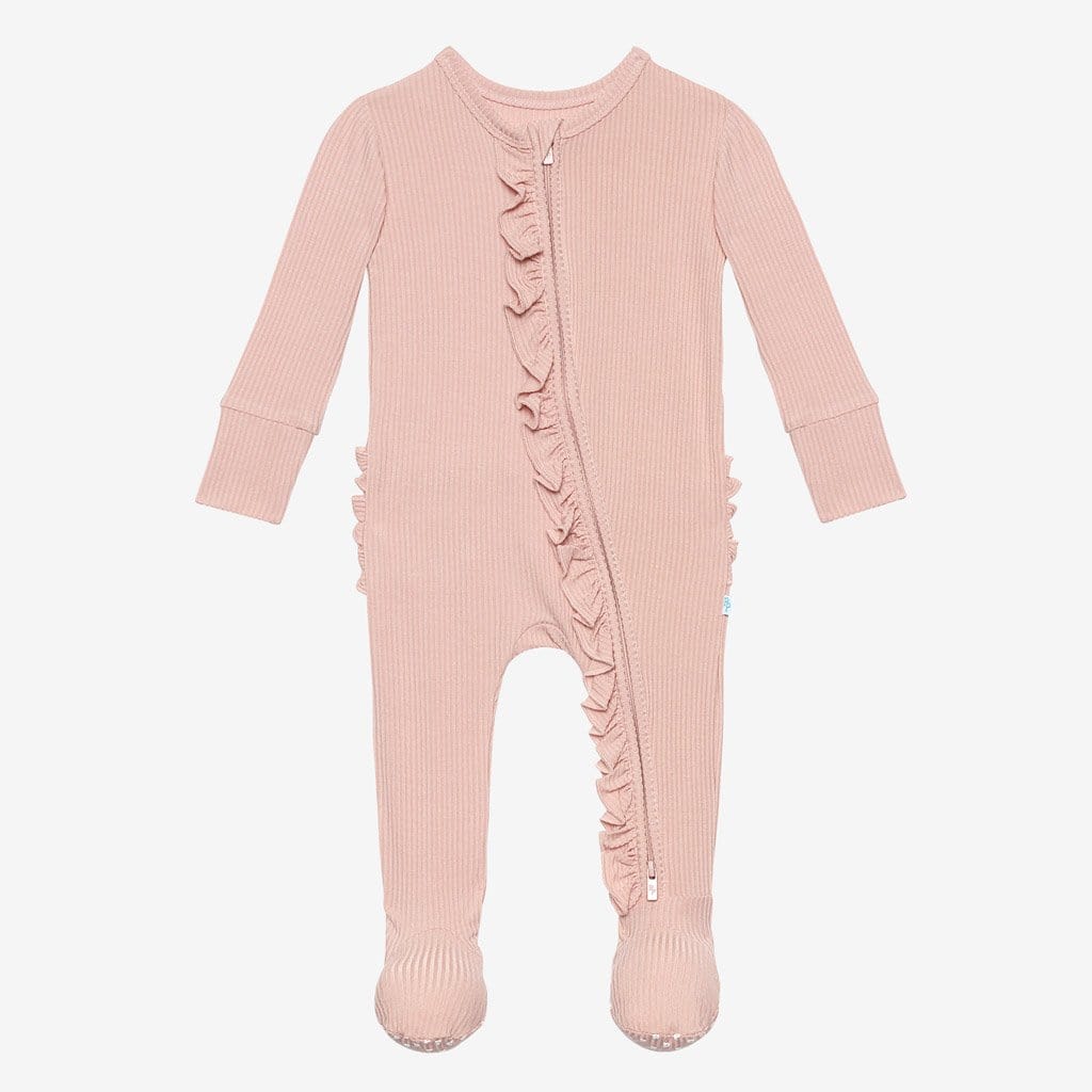 Sweet Pink Ribbed Footie Ruffled Zippered One Piece