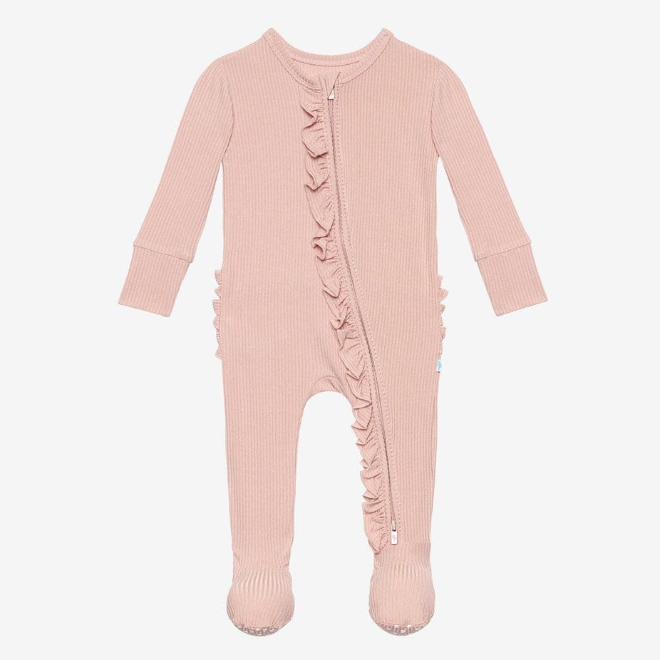 Sweet Pink Ribbed Footie Ruffled Zippered One Piece