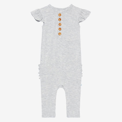 Athletic Gray Heather Ruffled Cap Sleeve Henley Romper