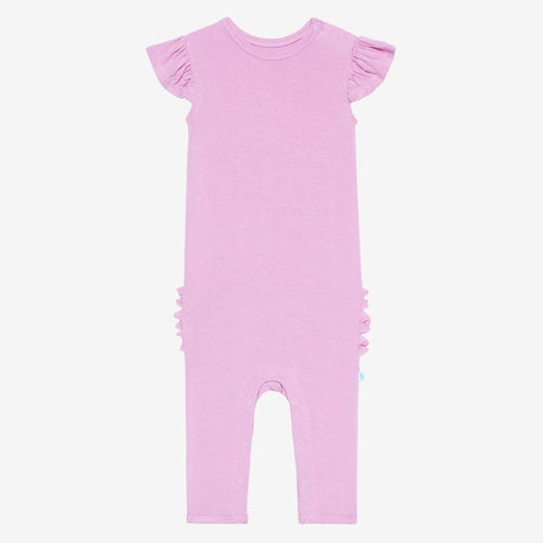 Front of lilac ruffled cap sleeve romper