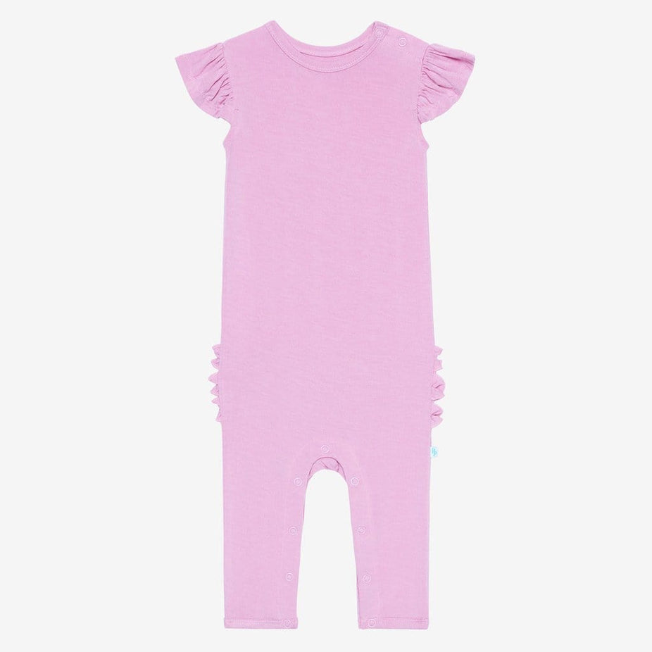 Front of lilac ruffled cap sleeve romper