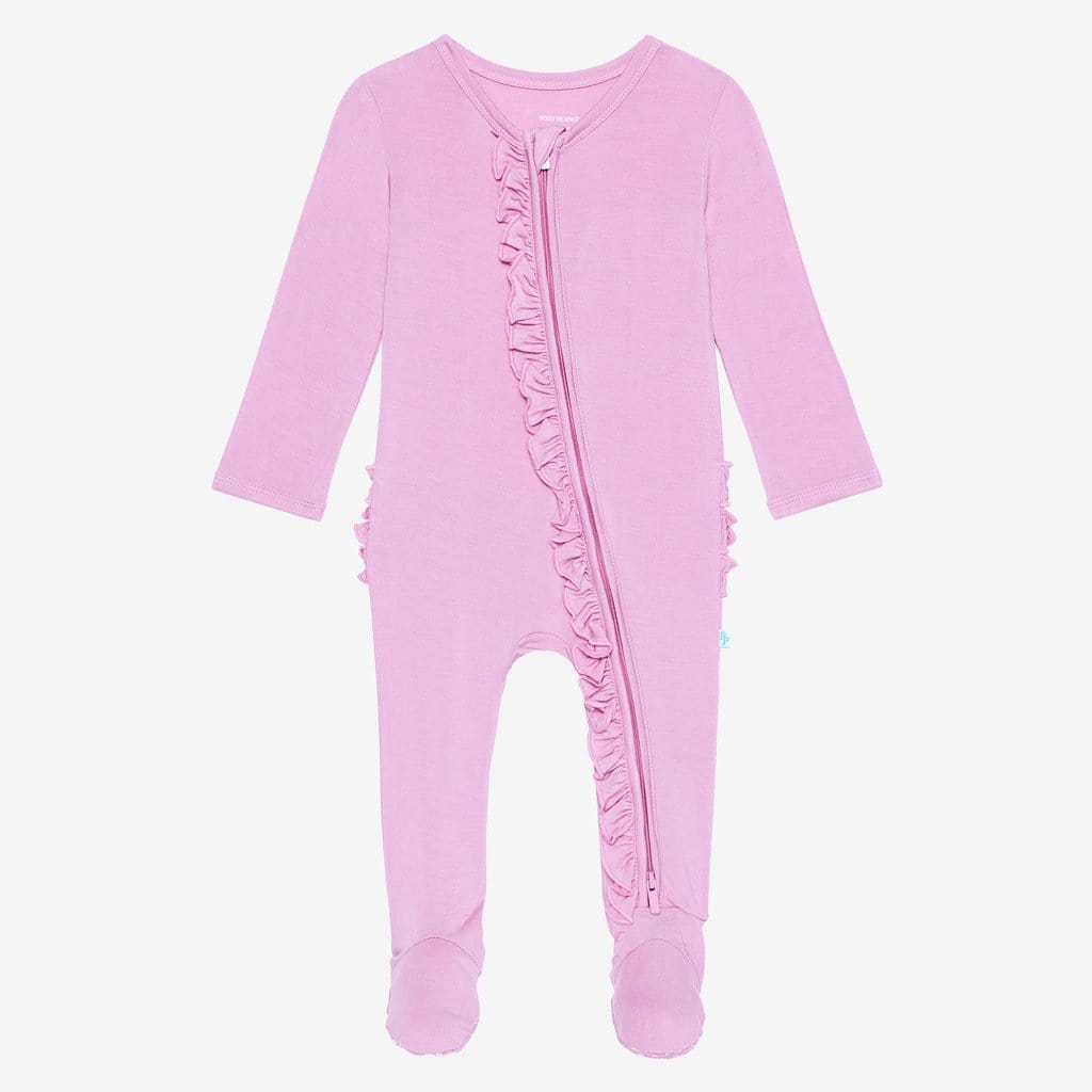 Front of lilac footie ruffled zippered one piece