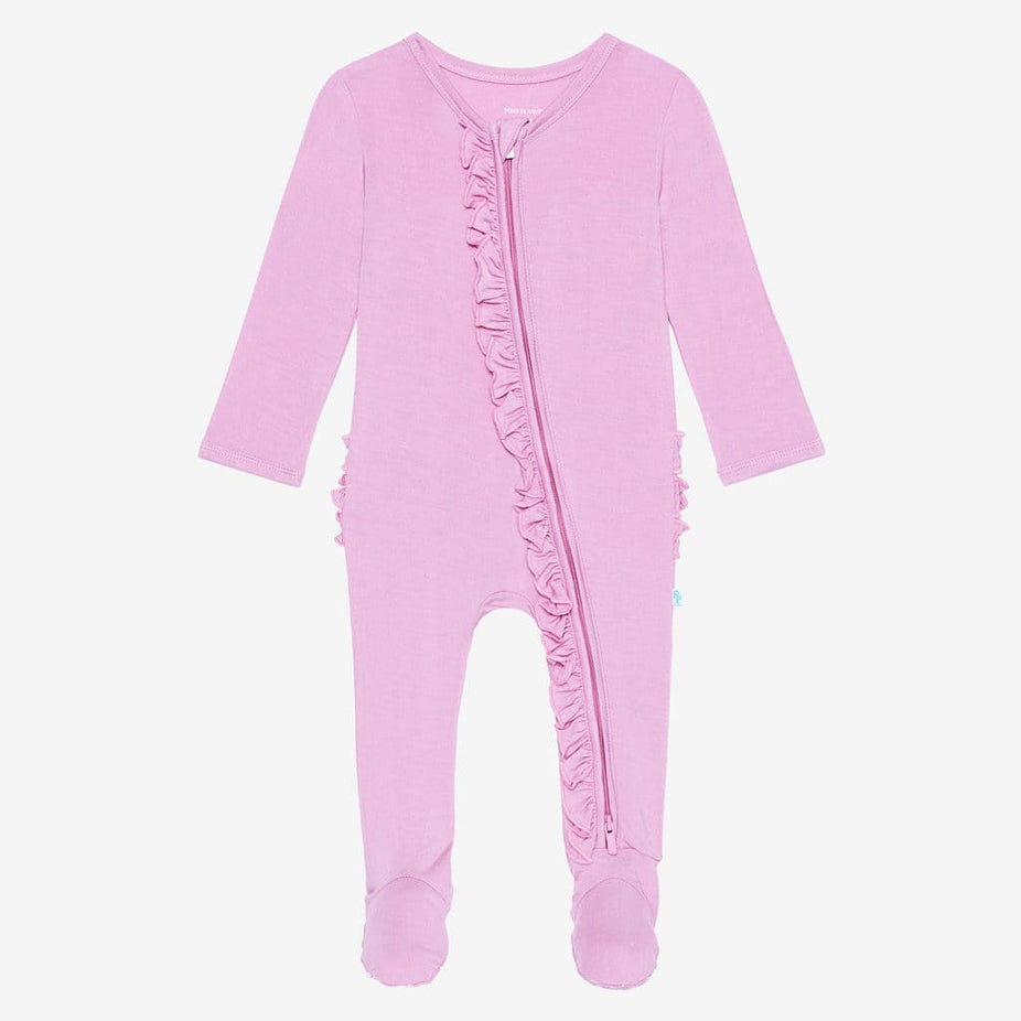 Front of lilac footie ruffled zippered one piece