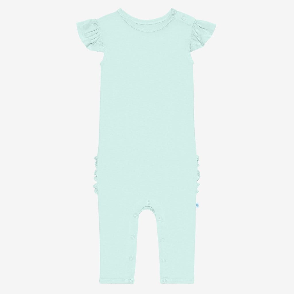 Front of mint ruffled cap sleeve romper