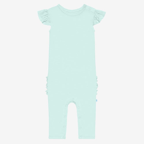 Front of mint ruffled cap sleeve romper