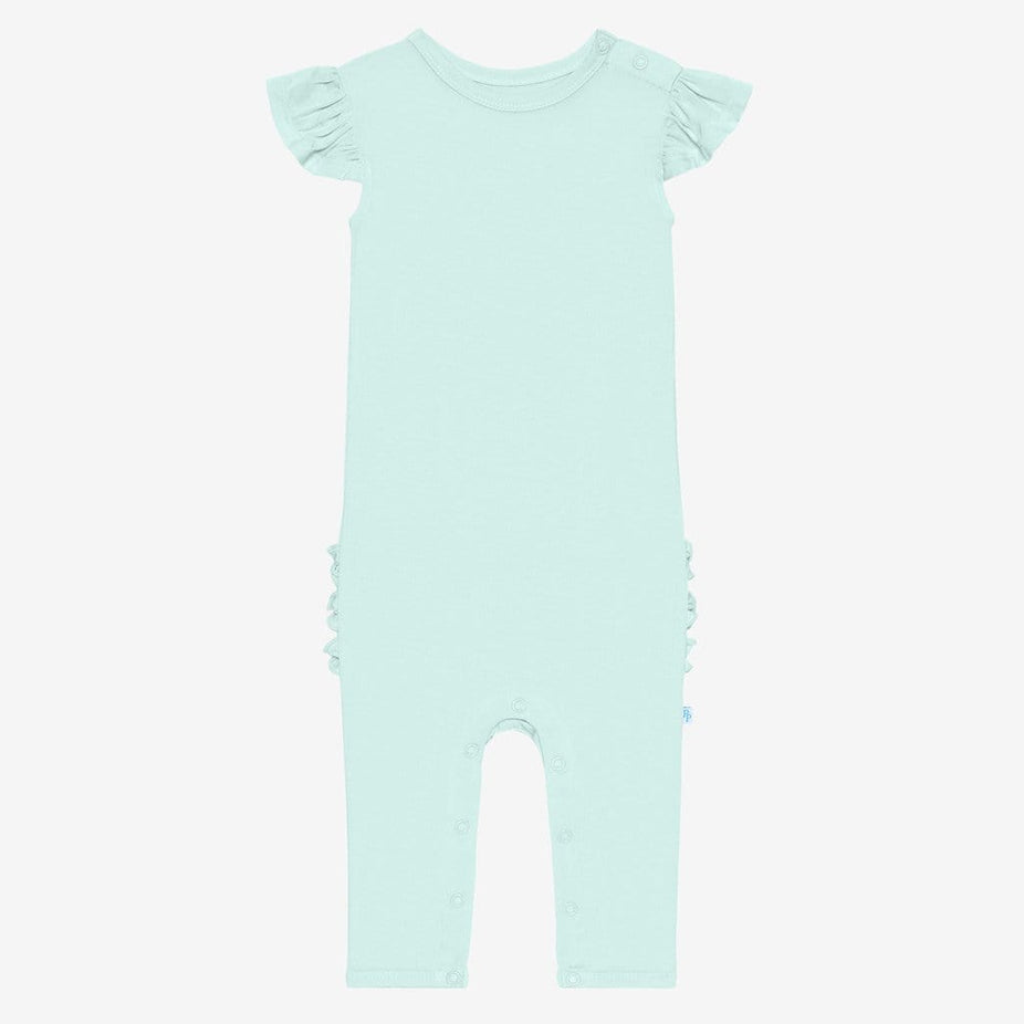 Front of mint ruffled cap sleeve romper