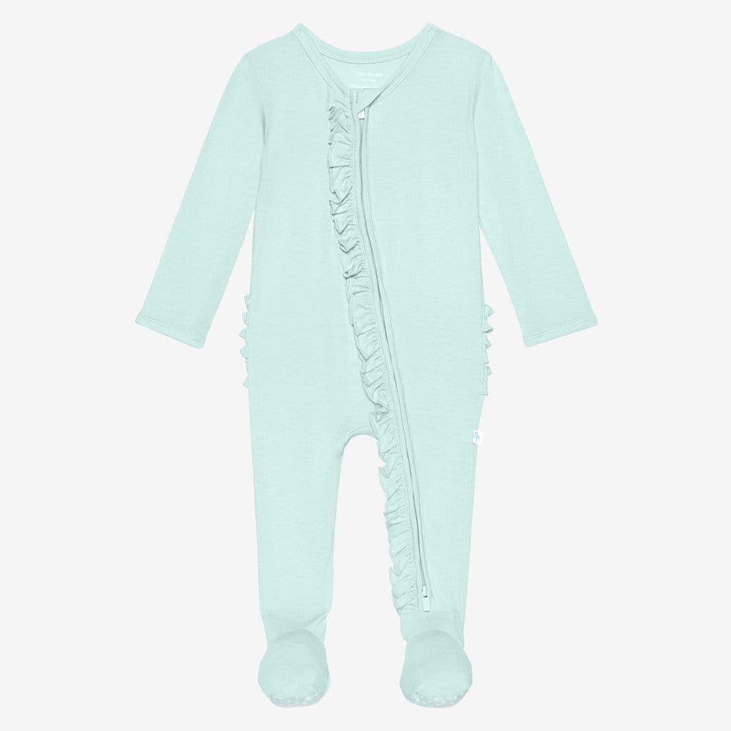 Front of mint footie ruffled zippered one piece