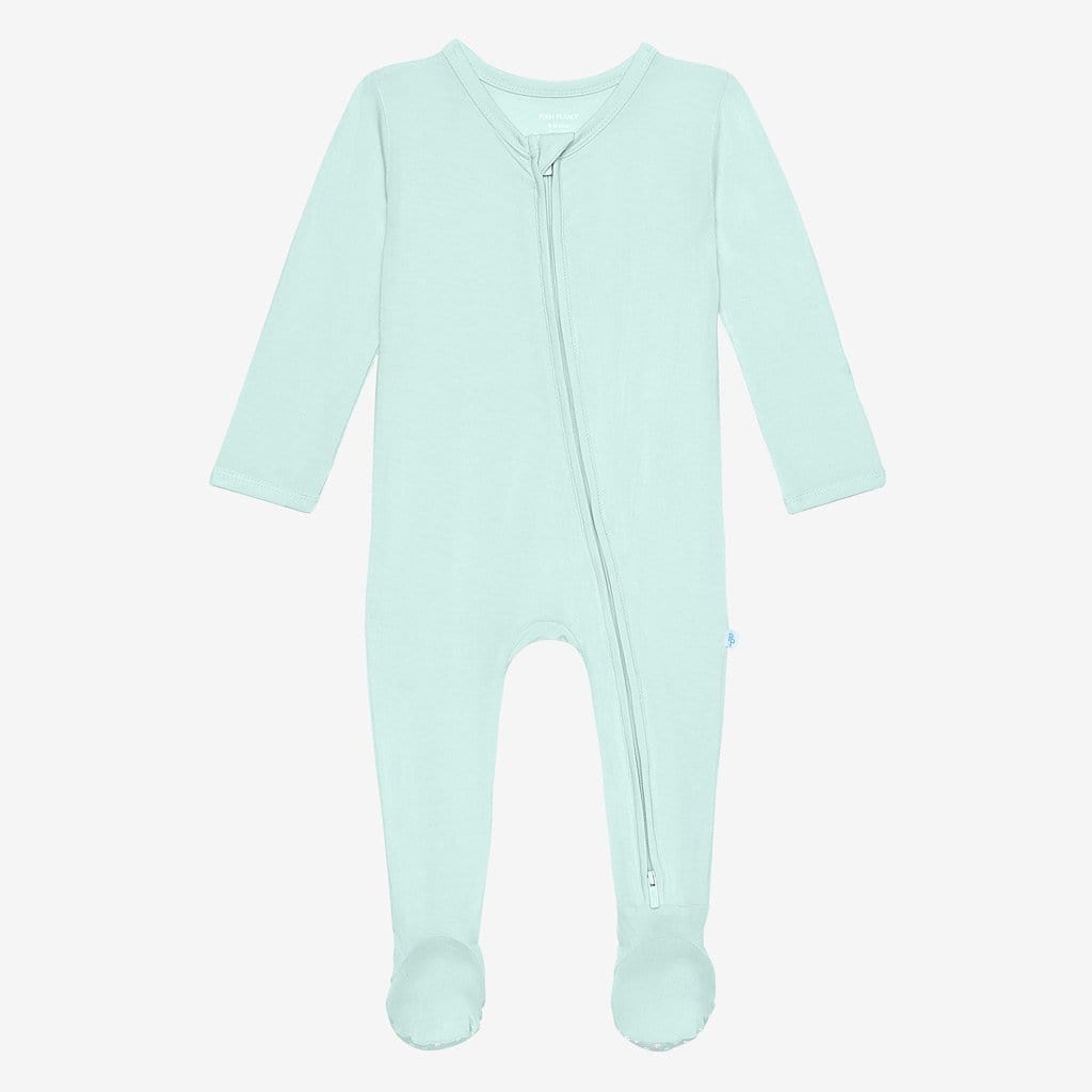 Front of mint footie zippered one piece