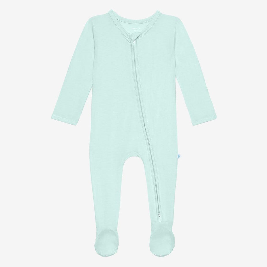 Front of mint footie zippered one piece