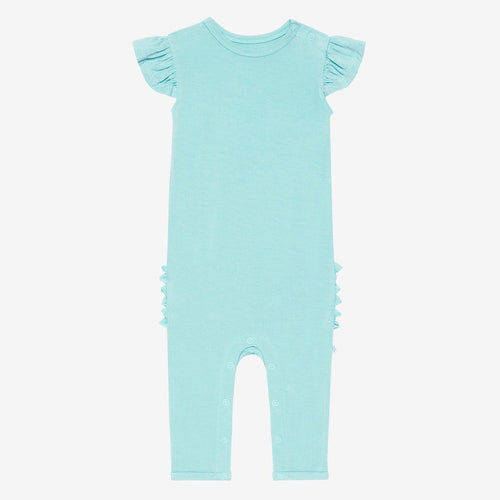 Front of pool blue ruffled cap sleeve romper