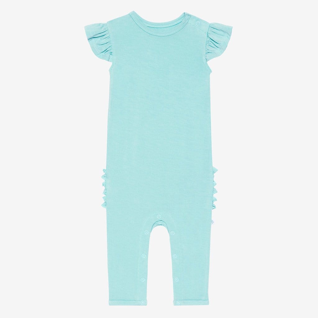 Front of pool blue ruffled cap sleeve romper
