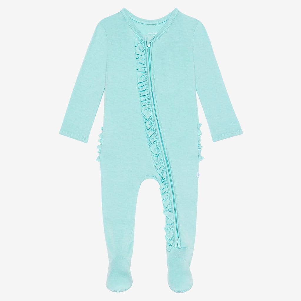 Front of pool blue footie ruffled zippered one piece