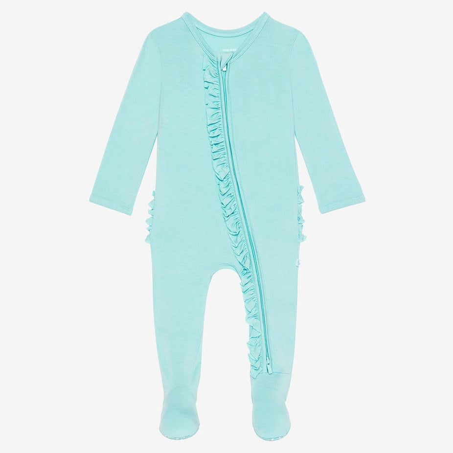 Front of pool blue footie ruffled zippered one piece